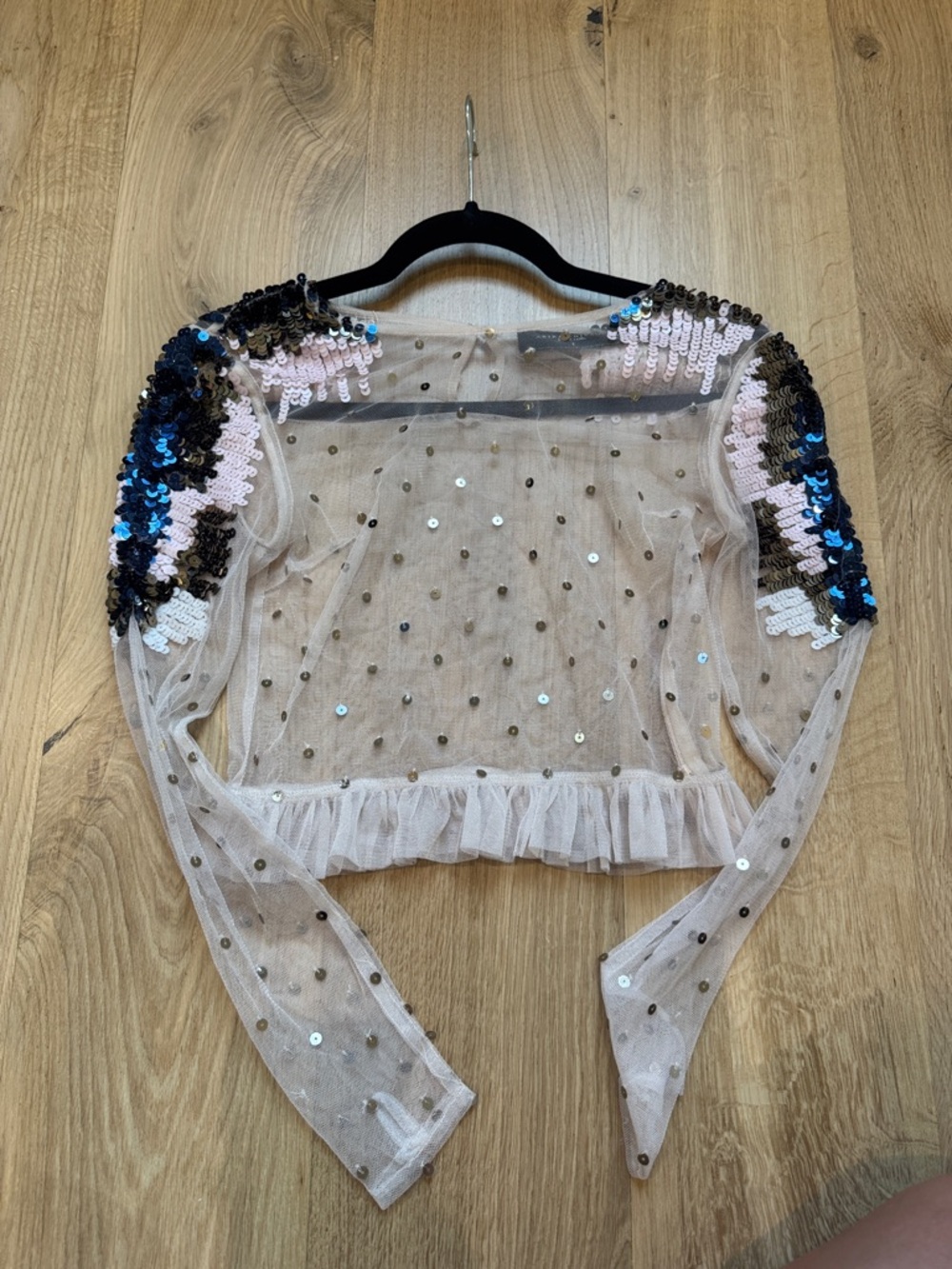Akita Chicago Sheer Pink Sequin-Trim Crop Top with Ruffle Hem